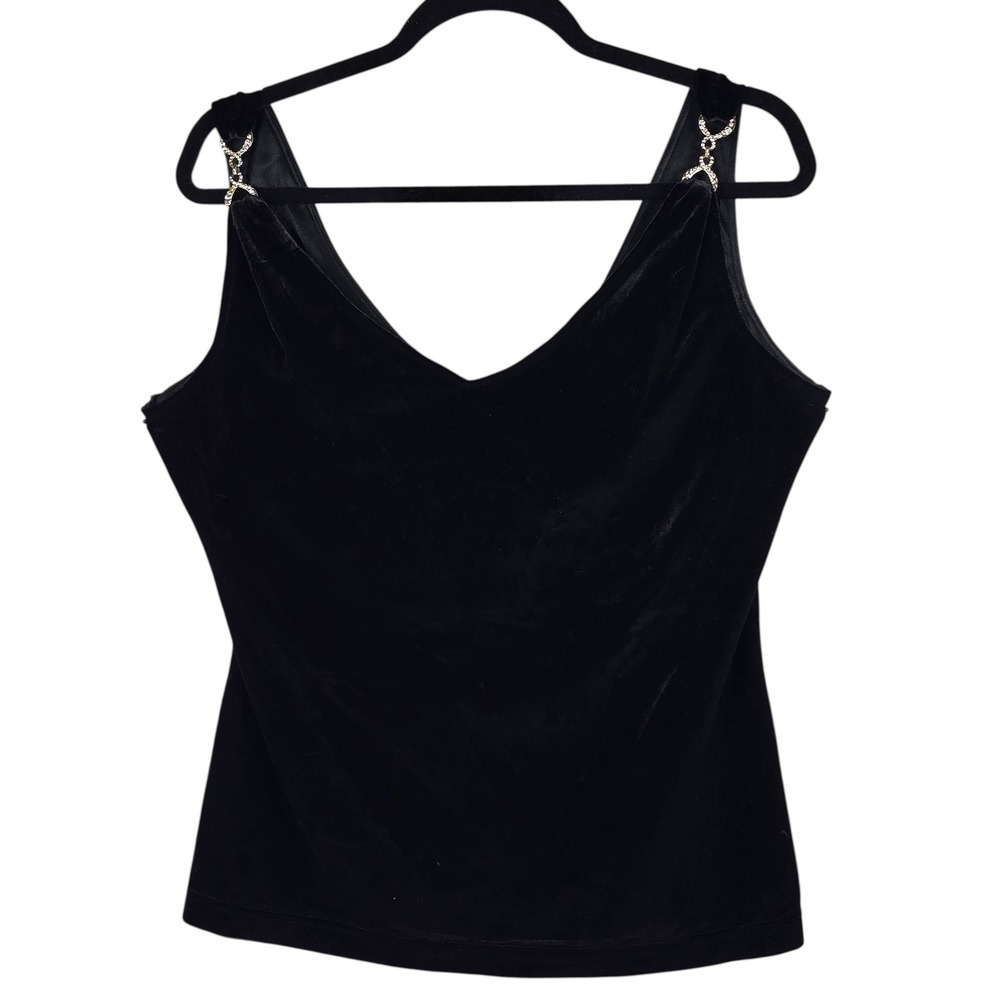 Ronni Nicole Black Velvet Rhinestone Strap V-Neck Tank Top Woman Medium Stretchy